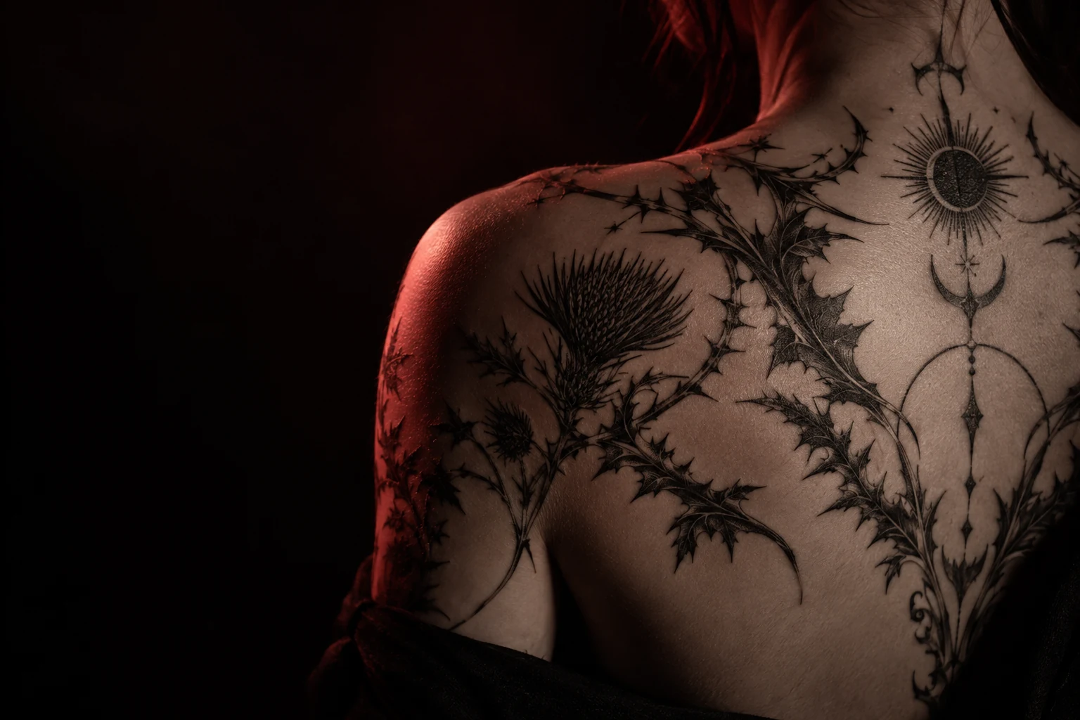 Ornamentales Blackwork-Tattoo auf einer Schulter in dramatischem roten Licht