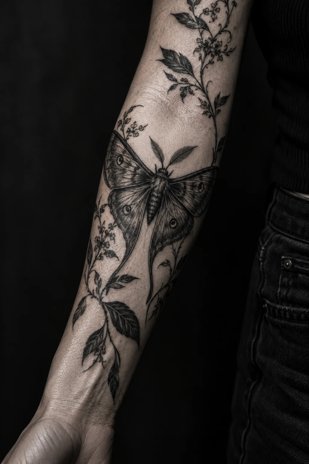 Filigraner Nachtfalter als Unterarmtattoo