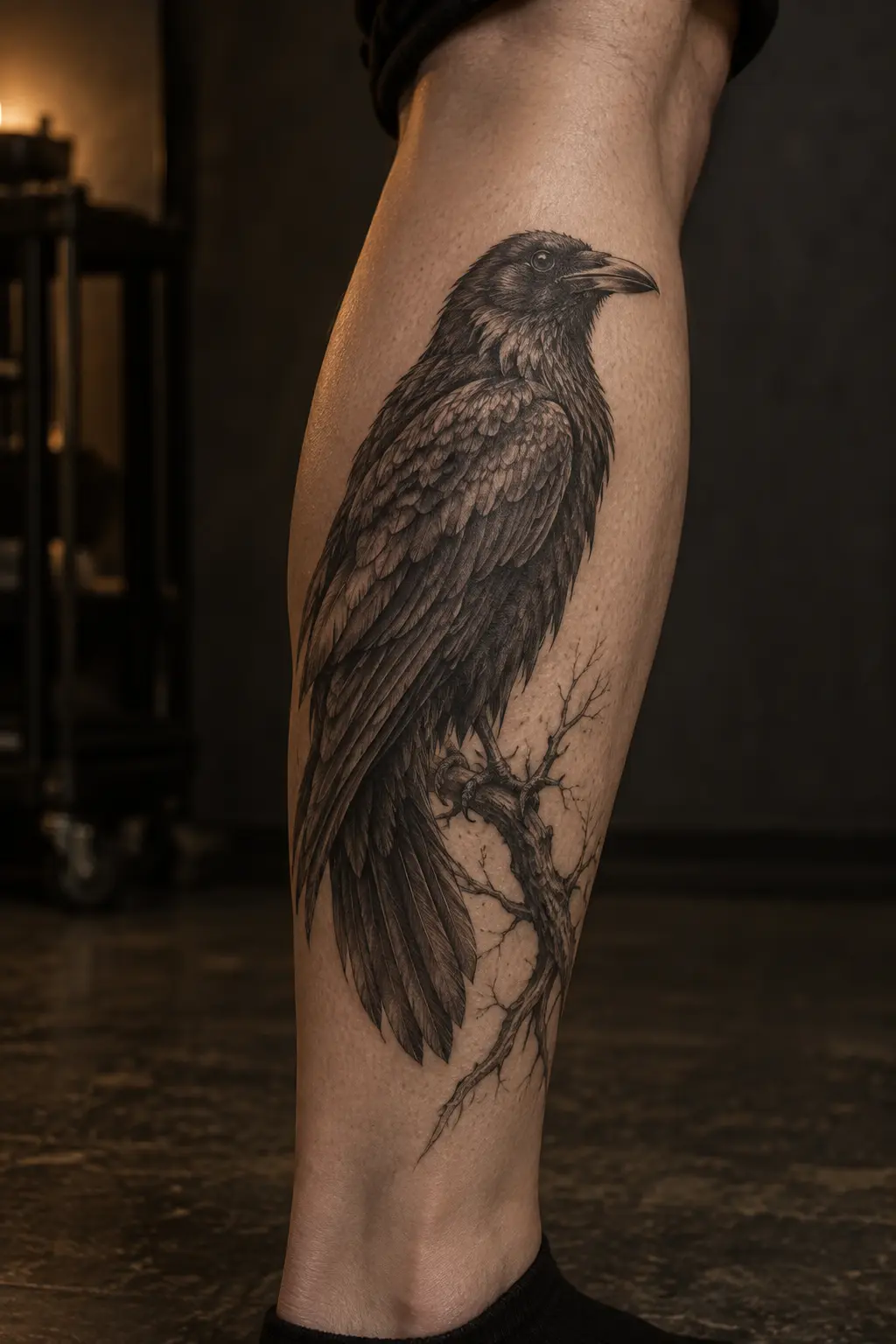 Feine Federn eines schwarzen Raben-Tattoos